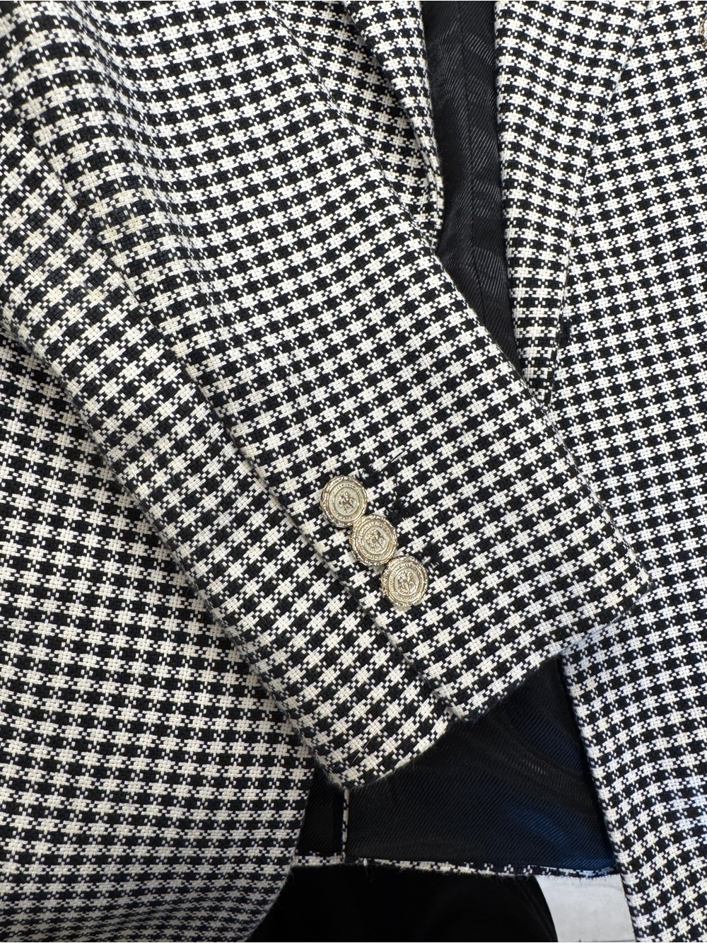 Zara Black & White Houndstooth Double Breasted Blazer Gold Button Jacket - Picture 5 of 6